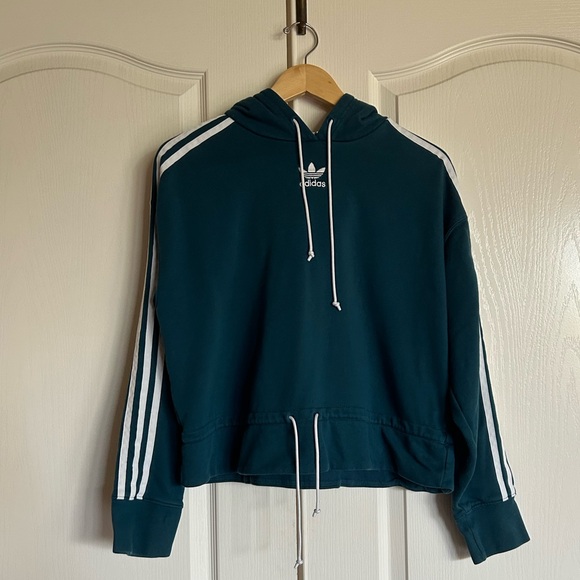 Adidas classic stripe turquoise cropped long sleeve hoodie size Large - Picture 4 of 11